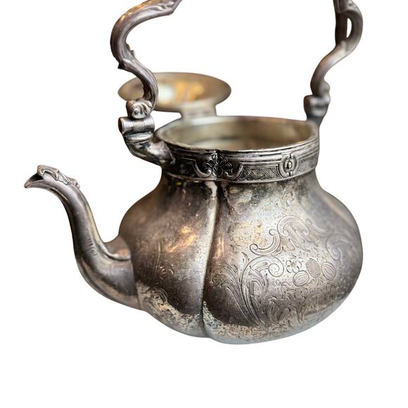Antique Silverplate Teapot Floral Engraved Bone Handle Ornate Victorian Hinged - Picture 2 of 16